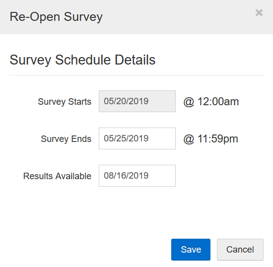 Survey Schedule Details menu is open, with "Survey starts", "ends", and "Results Available" dates