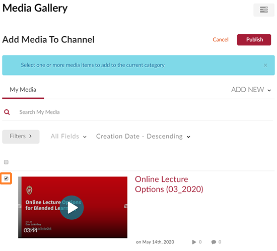 A screenshot showing the "Add Media" screen. The user has clicked the checkbox to the left of a media item which is outlined in orange to point it out.