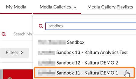A screenshot showing the user having clicked on "Media Galleries" and then searched on "sandbox". The user has selected "Sandbox 11 - Kaltura DEMO 1" course.