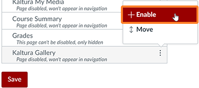 A screenshot showing a detail of the Canvas Settings Navigation tab. The user has clicked on the three dot kabob menu. The cursor hovers over "Enable" which is outlined in orange to help point it out.