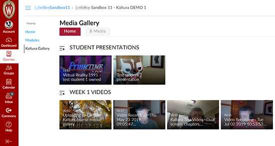 A screenshot of a "Kaltura Gallery" - Kaltura media gallery in a Canvas course. Two playlists are visible under the "Home" tab: "Student Presentations" and "Week 1 Videos".
