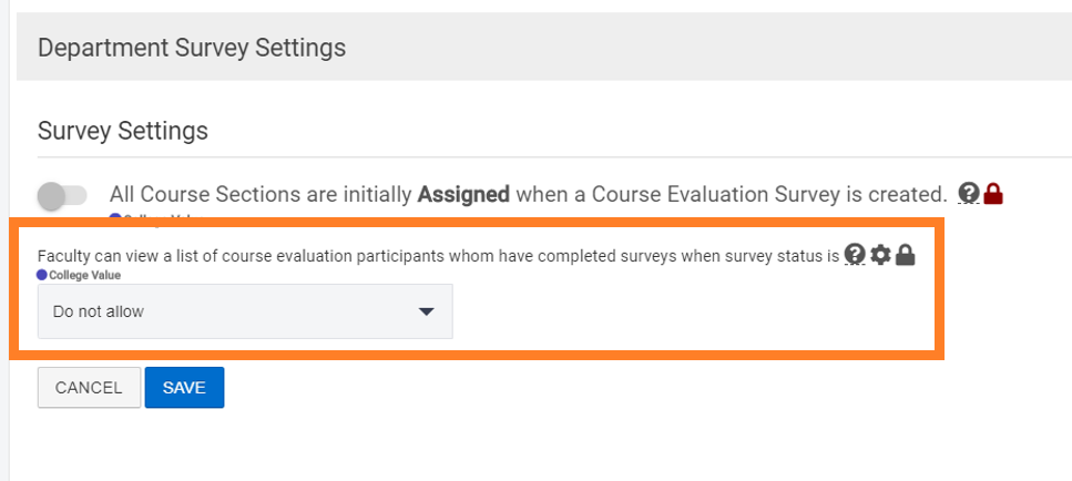 Image shows Department Survey settings checkbox, with the text "Faculty can view a list of course evaluation participants whom have completed surveys when status is..."