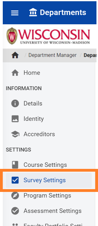 Image shows HelioCampus AC Department Manager menu, with Survey Settings highlighted.
