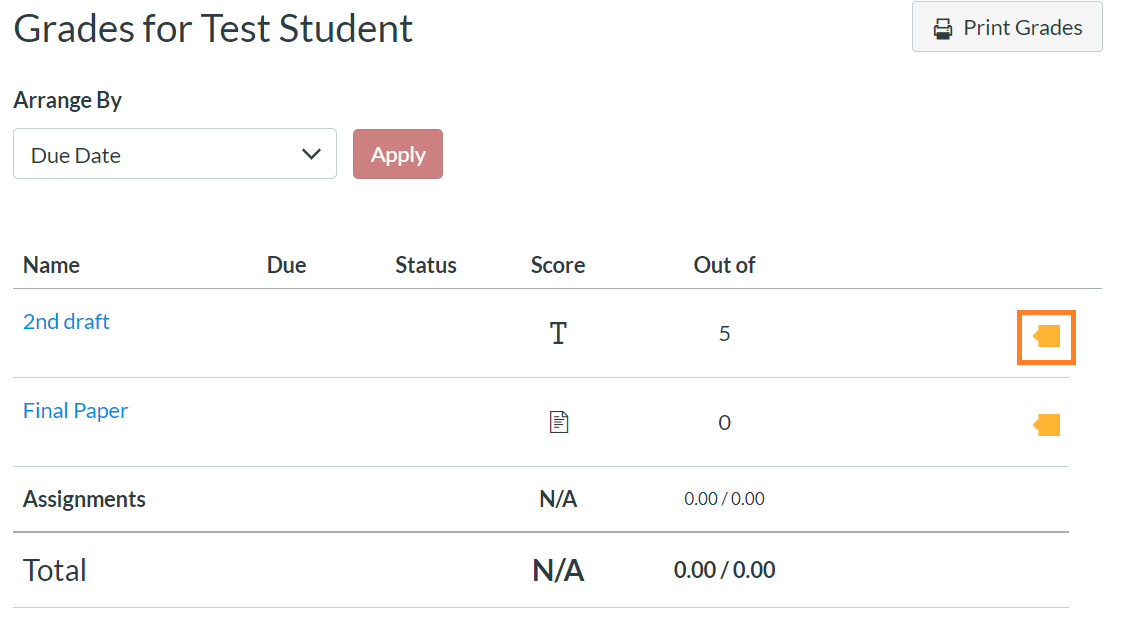 Display of student grade with Turnitin flag called out
