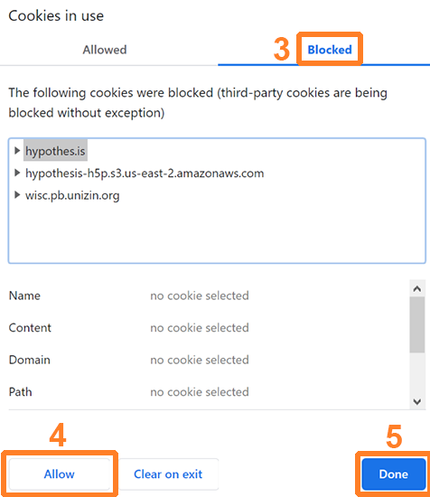 A screenshot showing Chrome's "Cookies in use" window. The "Blocked" tab is outlined in orange and labled "#3", the "Allow" button is outlined in orange and labeled "#4", and the "Done" button is outlined in orange and labeled "#5".