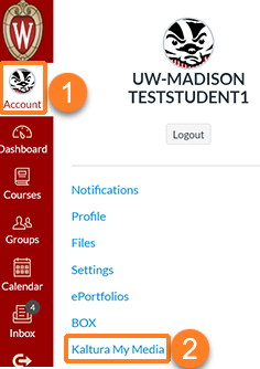 A screenshot showing the user having clicked their user profile icon in the upper left which is outlined in orange and labeled "1". A flyout menu opens which is displayed - "Kaltura My Media" is outlined in orangea and labeled "2".