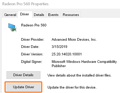 A screenshot showing a display driver tab. 