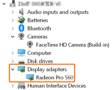 A screenshot showing the Windows Device Manager with "Display adapters" expanded and outlined in orange to help point it out.