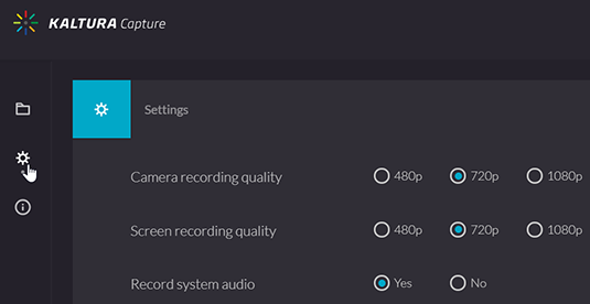 A screenshot  showing the Kaltura Capture settings and a detail for the options to set the "Camera recording quality" and "Screen recording quality".