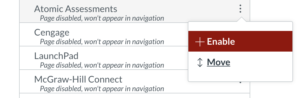 Enabling a hidden item in the Canvas navigation