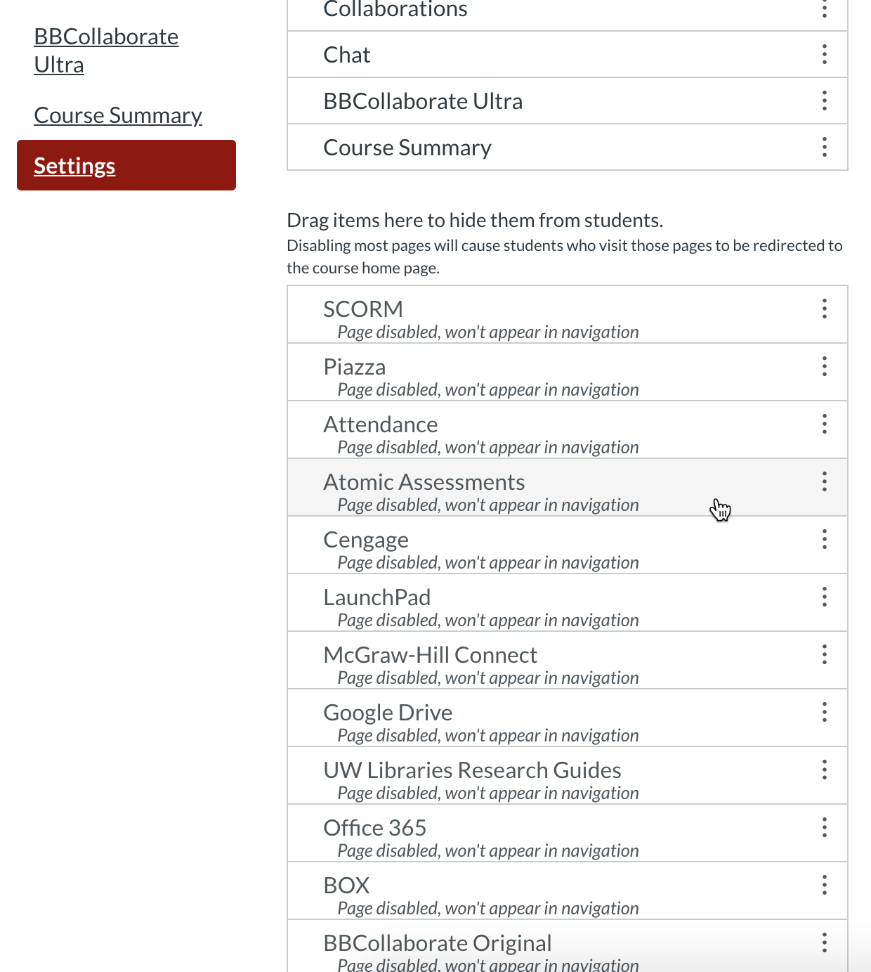 List of Canvas's hidden navigation bar items in the course settings