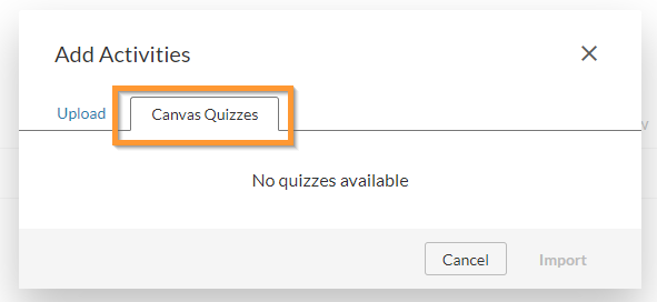 Canvas quizzes button after the Add content button in the atomic assessments menu is clicked.