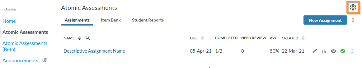Menu button in Atomic Assessments dashboard