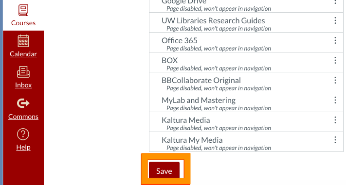 Save button highlighted for the canvas course navigation settings
