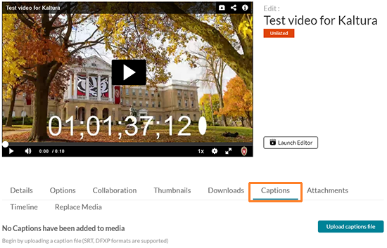 A screen shot showing the "Edit" screen. The user has clicked on the "Captions" tab with is outlined in orange to help highlight it.
