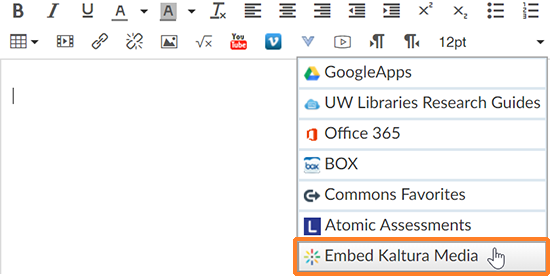 A screenshot of a user having clicked on the External Tools button in the Canvas Rich Content Editor. The cursor hovers over "Embed Kaltura Media" which is outlined in orange to help point it out.