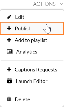 A screenshot showing the Kaltura MediaSpace actions drop-down menu. The cursor is over the "+Publish" menu option which is outlined in orange.