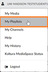 A screenshot showing the Kaltrua user drop-down menu. The cursor hovers over the "My Playlists" menu option which is outlined in orange to help point it out.
