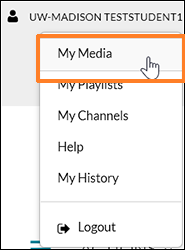 A screenshot showing the user clicking on their name in the upper right to select "My Media" from the drop-down menu.