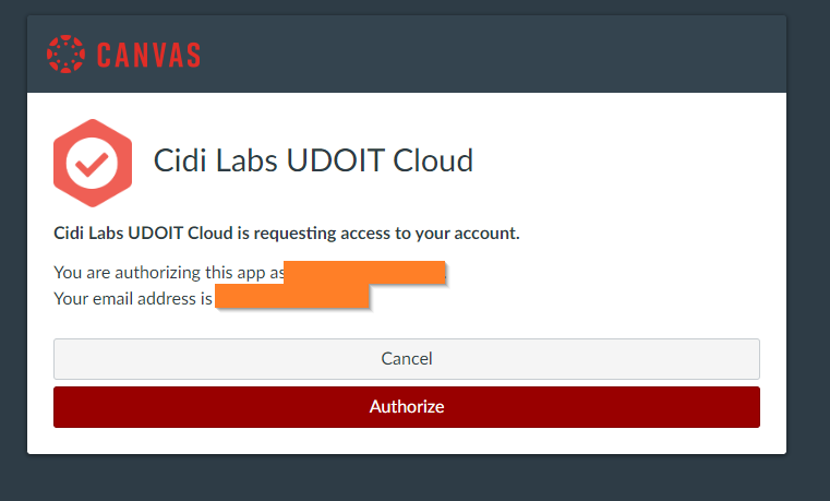 The Cidi Labs UDOIT Cloud Authorize screen. 