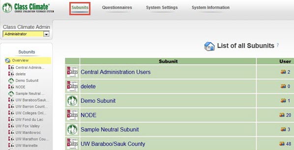 Subunits menu in Class Climate Subunits menu in Class Climate
