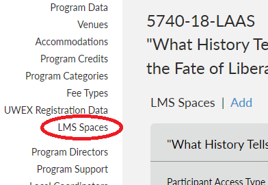 screenshot showing where to find "LMS Spaces" link on the Program Detail page