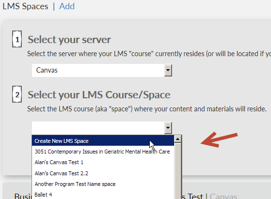 screenshot after selecting Canvas as the server, with expanded dropdown with list of existing spaces