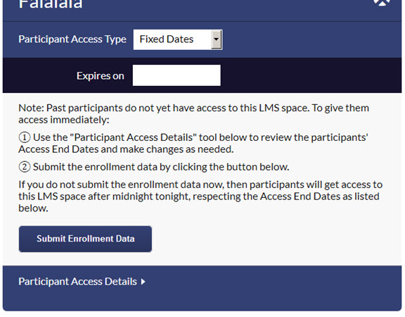 screenshot of the message that appears after selecting an existing LMS space, allowing you to decide when and which any past program participants should get access to this space