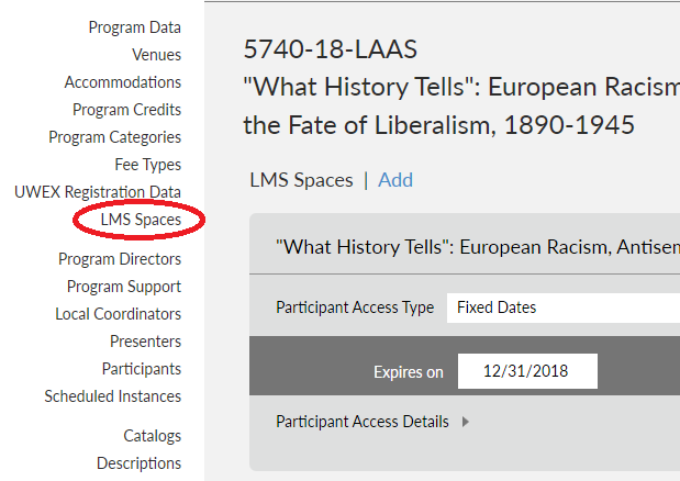 Screenshot showing LMS Spaces tab on Program Detail page