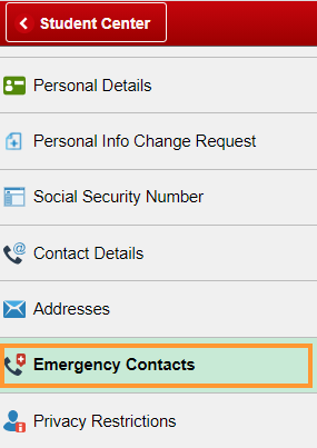 Emergency Contacts menu