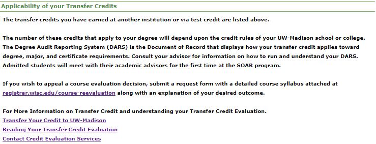Picture of the section called Applicability of your Transfer Credit
