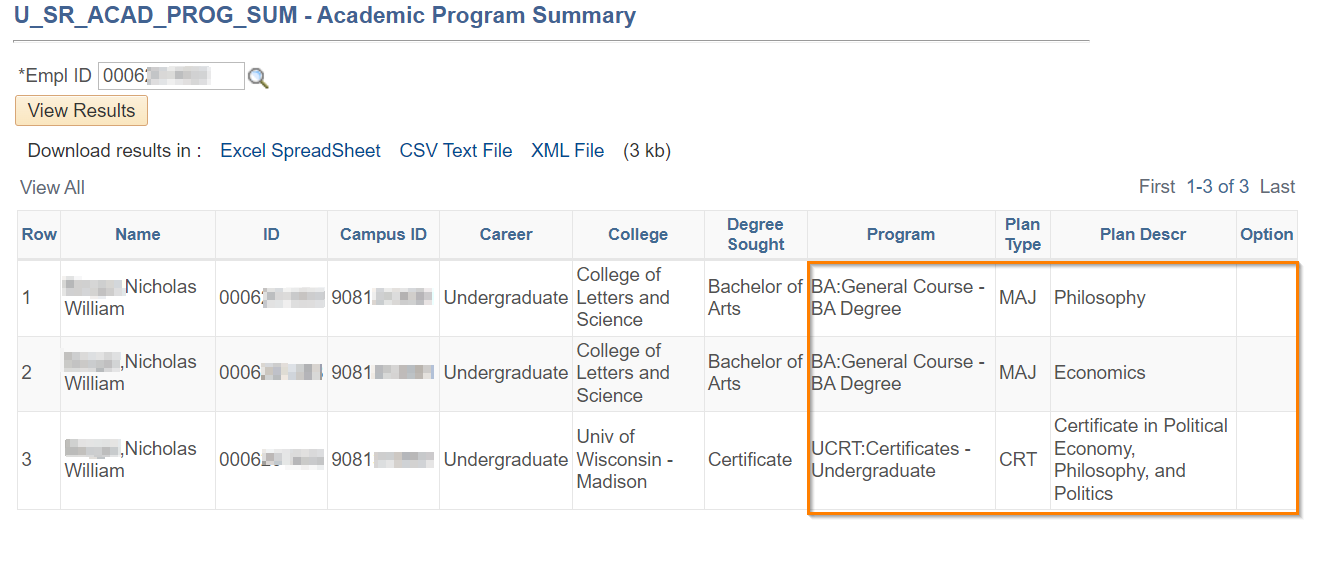 SIS Academic Program Summary Search Results