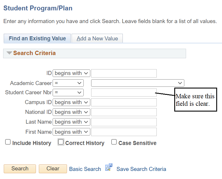 SIS Student Program/Plan Seach Page