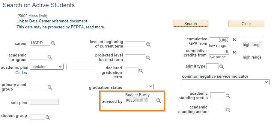 Image of SIS Data Center Search criteria for a list of students assigned by a specific advisor