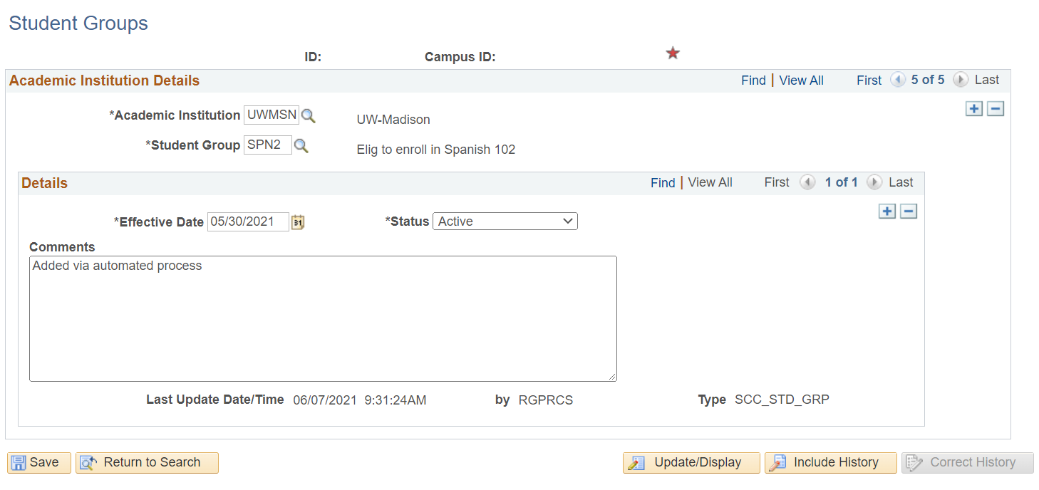 screenshot of Example of SIS Student Group Assigned to a Student