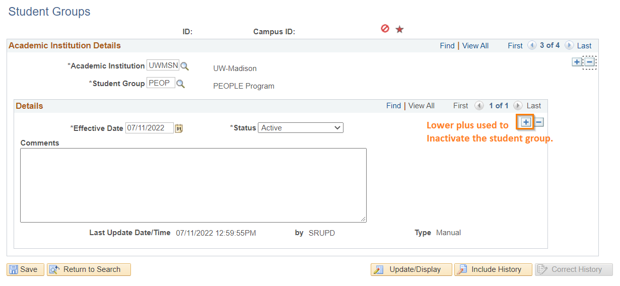 screenshot of Student Groups and orange box around Add button and text that states Lower plus used to Inactivate the student group