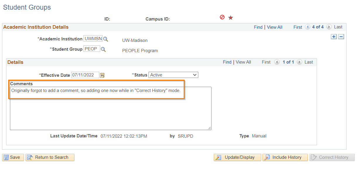 screenshot of Student Groups page with orange box around  "Correct History" add comment example