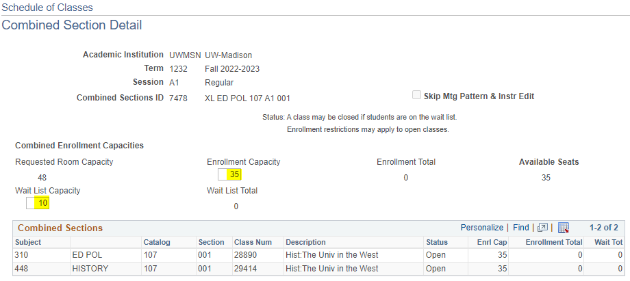 Combined Sections details page with enrollment and wait list cap highlighted
