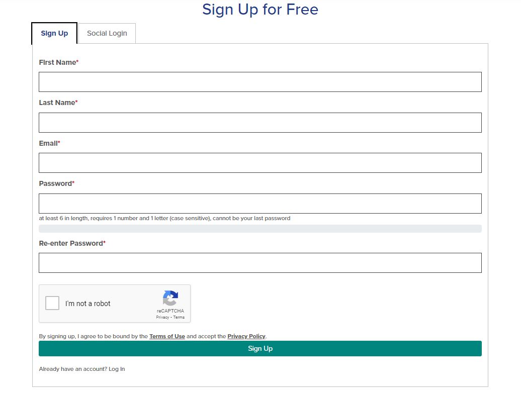 Sign Up for Free, login page