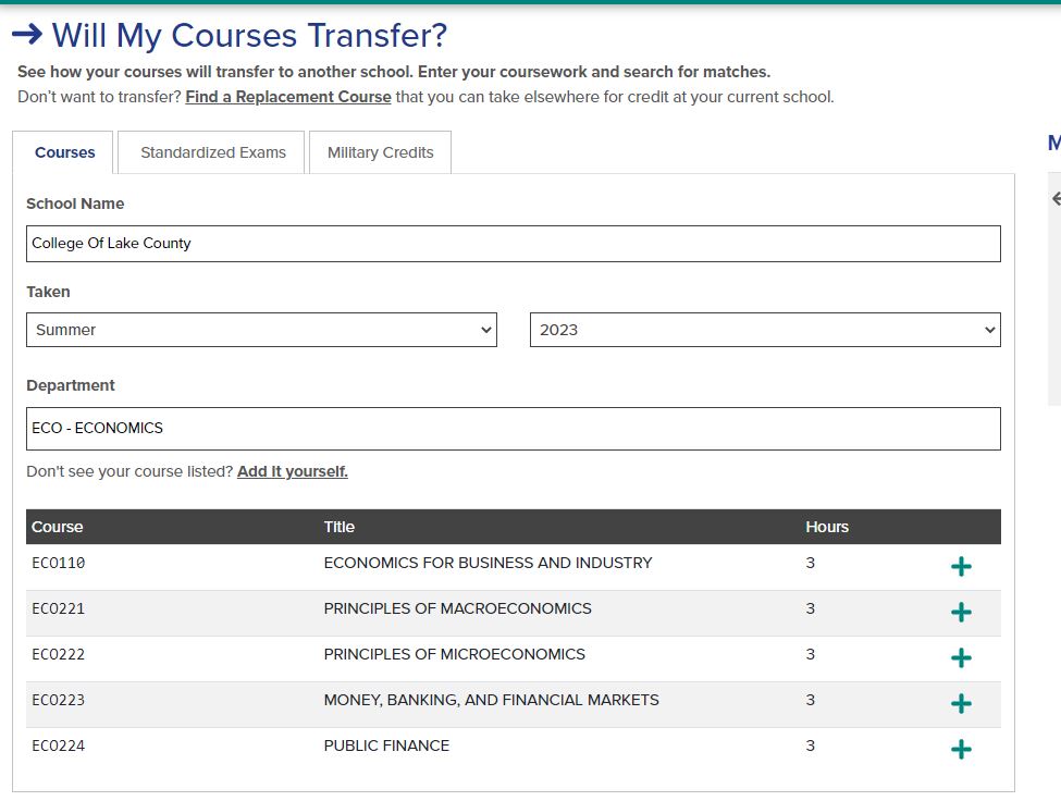 Will My Courses Transfer page with fields filled out