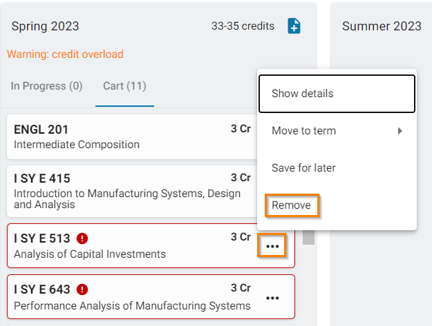 List of planned courses in "Cart" tab with three dots to remove course