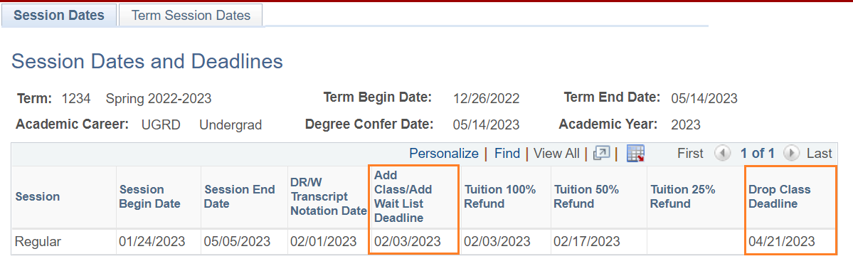 Session Dates and Deadlines tab with boxes around Add Class/Add Waitlist Deadline and Drop Class Deadline