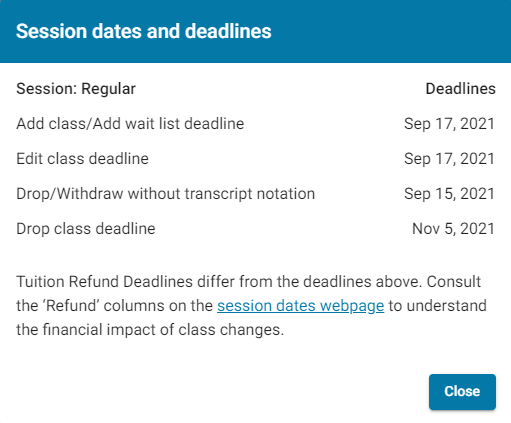 Session dates and deadlines pop up window