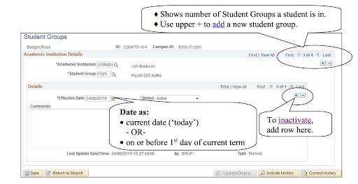 screenshot of the student groups page with notes to point out specific areas of the page