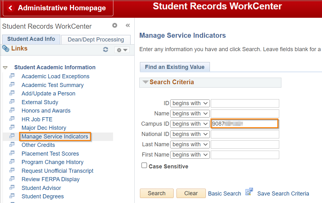 Service Indicators Search Page with Campus ID Entered