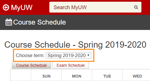 MyUW: Course Schedule- Choose term