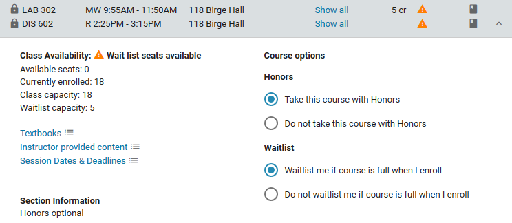 Course options: honors and waitlist Course options: honors and waitlist