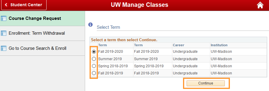 Course change request page