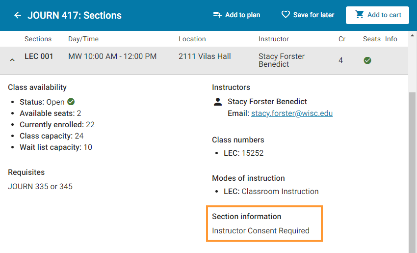 Instructor consent for specific section