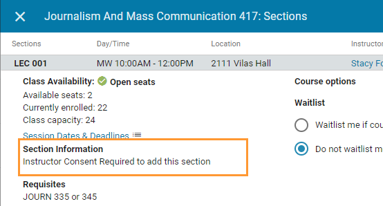 Instructor consent for specific section Instructor consent for specific section